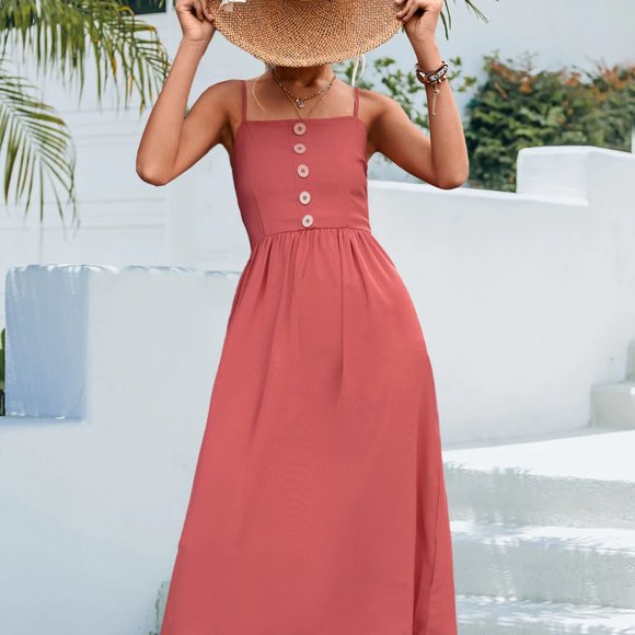 Decorative Button Spaghetti Strap Midi Dress - Picture 1 of 7